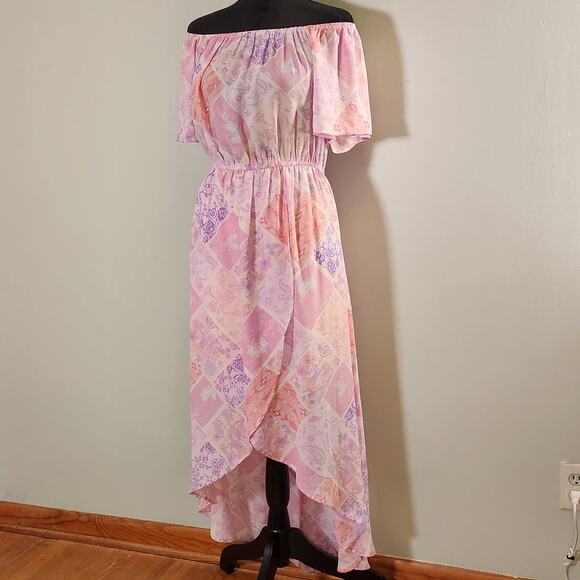 EMILY WONDER Off-Shoulder Pink Patchwork Midi Dress, Women's Size Large - Picture 5 of 12